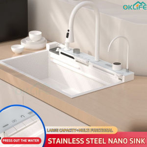 [OKLIFE. SG] Stainless Steel Sink White Whale Flying Rain Double Waterfall Piano Button Digital Display Sink Nano Washing Basin Sink