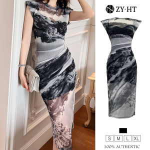 ZY·HT 2024 Summer Elegant Midi Vintage Dinner Dress Womens Retro Floral Print Slim Mesh Casual Dress Breathable & Comfortable 20116 eravogue