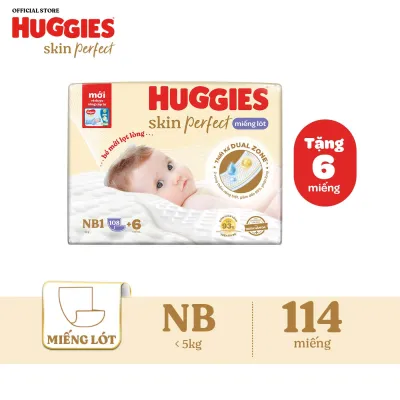 [20h 7-10.8] Miếng lót sơ sinh Huggies Skin Perfect NB1 108+6 miếng với 2 vùng thấm giảm kích ứng da
