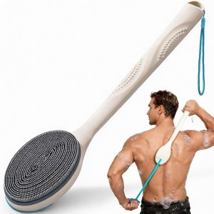 BUBBLEDANCE ® Extendable Silicone Back Scrubber (17.5" to 32") – 2-Hand Grip for 4X Power Curved Stiff Bristles Non-Slip Long Handle Shower Brush for Deep Exfoliation - White (Stiff Bristles)