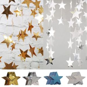 LIVELYN Mirror Metallic Star Garland Shiny Reflective Gold Silver Color Party Bunting Lightweight Paper 4 Meters Long Hanging Star String Birthday Party