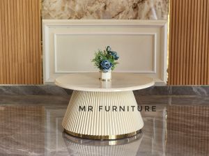 Meja Tamu Bulat Salur Lis Stainless Gold Top Marmer Krem
