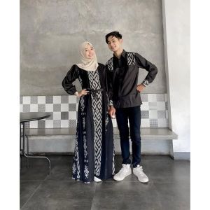 Gamis Couple Tenun Syira Kondangan Prewedding Hitam Ivory - Dress Tenun - Gaun Tenun Toraja
