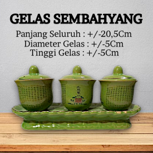Gelas Sembahyang Keramik Warna Hijau Set 3 Pcs Plus Tutup