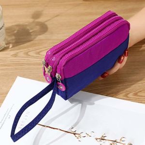 GDRGHJN ไนลอนทำจากไนลอน กระเป๋าใส่เหรียญสามชั้น พร้อมสายคล้อง กันน้ำกันน้ำได้ กระเป๋าถือแบบเรียบง่าย แบบพกพาได้ ที่ใส่บัตร กระเป๋าข้อมือสีตัดกัน สำหรับผู้หญิง