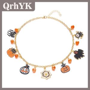 QrhYK Gothic Punk Halloween Kim Loại Chuỗi Vòng Cổ Cho Phụ Nữ Người Đàn Ông Cổ Điển Màu Đen Spider Bat Bí Ngô Ma Xương Đòn Choker Lễ Hội Đồ Trang Sức