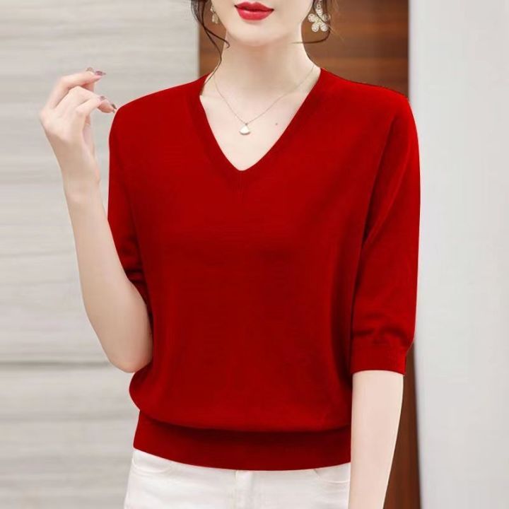 Cổ Chữ V Áo dệt kim cỡ lỡn áo rộng phong cách hàn quốc nữ mùa hè ...
