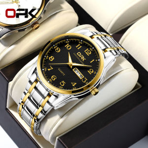 OPK new watch for men relo water proof original pang lalaki fashion casual stainless steel quartz watch gold/black calendar luminous display