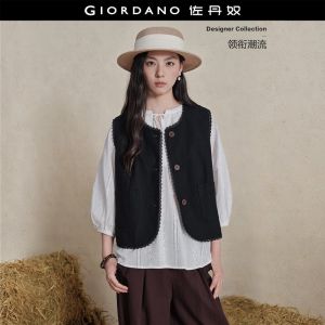 Giordano Women Lace trim round neck button closure vest Free Shipping 18376507