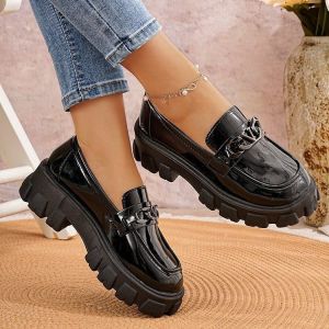 [Free Shipping] Trendy Black WomenS Shoes Non-Slip Casual Shoes Spring Leather Shoes Height-Increasing Fashionable WomenS Shoes Thick-Soled Platform Slip-Ons