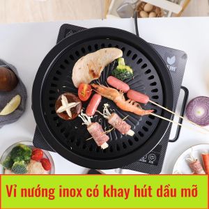 vỉ nướng tròn thép không gỉ chống dính có khay hứng dầu mỡ nướng trên mọi loại bếp