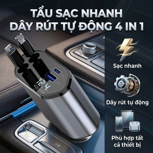 Tẩu Sạc Nhanh C1 Dây Rút Tự Động 4 in 1 USB Type-C Và Lightning Đa Năng Vỏ Hợp Kim Cao Cấp