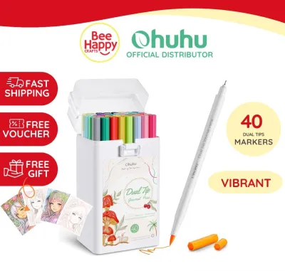 Ohuhu Markers Pens for Journaling 40 Colors Art Markers Dual Tips Extra Fine & Brush Pens