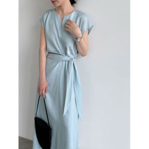 2026 Summer Irregular Tie Waist V-neck High Texture Long Dress For Women