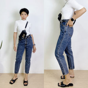 RDA Apparel. กางเกงขายาว ผญ​ เอวสูง ทรงบอยสลิม  สีฟอก พร้อมส่ง S-XL กางเกงยีนส์ผู้หญิง Boyfriend ผ้าไม่ยืด Basic jeans ยาว 35 นิ้ว