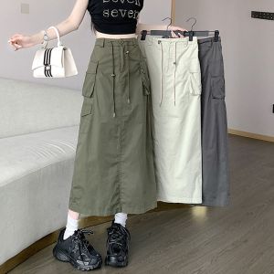 American Retro Workwear Skirt 2024 Summer New High Waist Slit Drawstring A-Line Slim Skirt