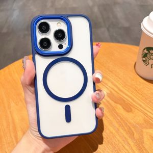 CrashStar MagSafe Clear Transparent Hard Shockproof Phone Case For iPhone 15 14 Pro Max Plus 13 12 11 Pro Max Wireless Charging Phone Casing Simple Phone Cover With Meatl Camera Ring Protection