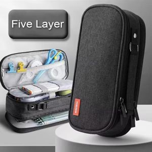 JAYNEBIO Portable Pen Storage Bag 5 Layer Large Capacity Canvas Pencil Case Durable Student Stationery Boxes School Supplies