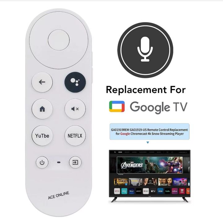 Google Chromecast Remote Replacement Voice Remote Control For Chromecast With Google TV (Model G9N9N) - Bluetooth & 433MHz White Google TV Remote
