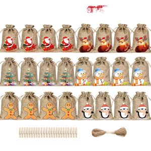 NCNC(OKDEALS01) 24Pcs/Set Jute Burlap Christmas Linen Bags Reusable Small Treat Candy Bags Varied Santa Claus Christmas Drawstring Pouch Xmas Party Favors Supply
