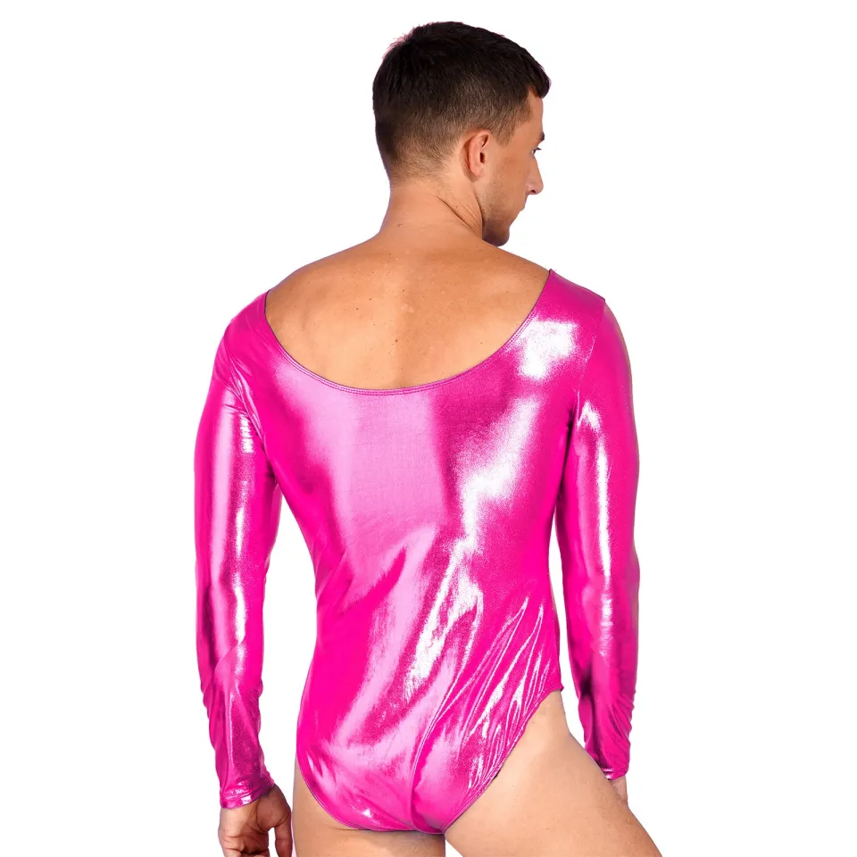 Ready Stock-Mens Shiny Metallic Long Sleeves Gymnastic Ballet Dance Leotard  Bodysuit Patent Leather One-piece Stage Performance Dancewear