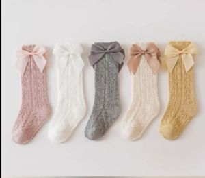 Girls Knee High Mesh Socks 100% Cotton Breathable Long Socks with Big Bow Knot Soft Comfort Kids Daily Calf Stockings
