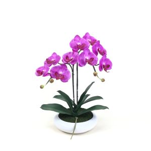 กระถางดอกไม้ประดิษฐ์ ดอกกล้วยไม้จัดในกระถางเซรามิคสีขาว