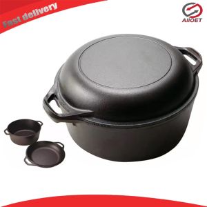 【Alloet】 2-in-1 Cast Iron Double Dutch Oven Pot Pre-Seasoned with Lid for Bread Baking and Stewing Durable Black Finish