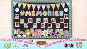 Picture Frame Groovy Bulletin Board for Classroom Decoration Happy New Year Boho Hippie Memories Bulletin Board Set Pastel Camera Rainbow Cutouts Daisy DIY Photo for Teacher Chalkboard School Decor