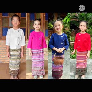 ชุดส้มป่อยเด็กหญิง ชุดพื้นเมืองเด็กหญิง เสื้อส้มป่อย ผ้าถุงทอ