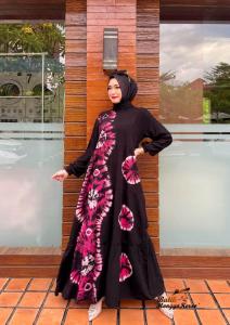 Gamis Twill Rayon Premium Pekalongan Modern Terbaru 2022 Motif Tiedye Pelangi Rempel Susun Hitam