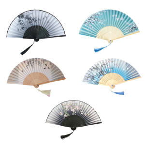 Floral Handheld FansSilk Folding Hand Fans with Bamboo Frames for Dancing Cosplay Wedding Party Props Decorations