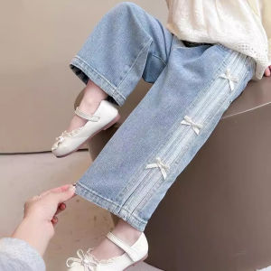 Baby Girls Bow Jeans 2025 Kids Spring Autumn Loose long Pants New Childrens Straight Wide-leg Trousers Toddler Casual Clothing2026
