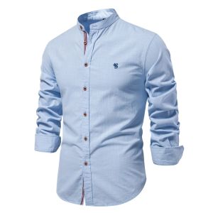 FUGUINIAO Mens Stand Casual Shirts 100% Cotton Social Shirt Men Solid Color Long Sleeve High Quality Brand Shirt for Men