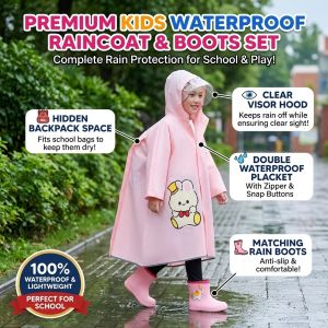 Kids Waterproof EVA Raincoat Hooded Rain Poncho with Backpack Space for School Boys Girls Reusable Lightweight Rainwear for Daily Outdoor Travel Use