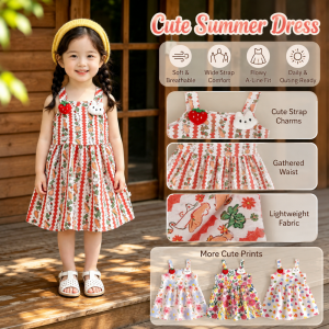 AILEBE Kids Dresses Colorful Heart Print Sleeveless A-Line Sundress With Strawberry Bunny Ornaments Soft Breathable Lightweight Summer Wear Gathered Waist Flowy Silhouette Cute OOTD Pambahay Pang Gala For Baby Girls 0-12 Years
