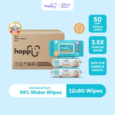 [CARTON] Upgraded Formula Hoppi Premium 99% Baby Water Wipes (80 Wipes x 12 Packs)