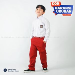Celana seragam sekolah sd sekolah dasar panjang merah pinggang karet pria laki laki cowok