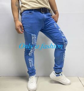 Mens Casual Ripped Denim Long Hole Jeans Trouser Plus-size Mens Jeans Slim Fit Skinny Denim Stretch Tapered Jean Pants