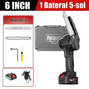 REAIM 6 Inch Gergaji Mesin Mini Pemotong Kayu chain saw cordless Mini Listrik Portable Lithium