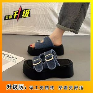 [Free Shipping] New WomenS Thick-Soled Denim Slippers Versatile European-Style Trendy Platform Sandals Sporty Roman Sandals