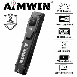 AIMWIN EI6 3100 Lumens OLED Tactical Flashlight USB-C Rechargeable LED Torch Ultra Slim EDC Pocket Light 305m Long Beam IP54 Water Resistant Dual Tail Switch Outdoor Camping Hiking Emergency Search Work Light for Car Home Travel
