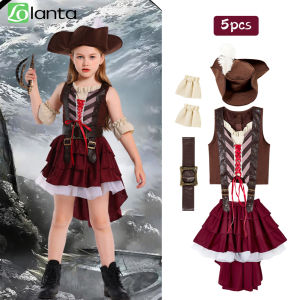LOlanta 5Pcs Girls Pirate Costume Halloween kids Buccaneer top mini skirt suit Party Dance Clothing 4-16Years