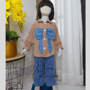 Setelan buffy jeans wash anak perempuan terbaru 2024 model celana kulot cargo jeans  usia 3 - 11 tahun set lavana pita kupu kupu anak termurah model kekinian bahan jeans mix crinkle import baju barbie anak harian anak murah - COD