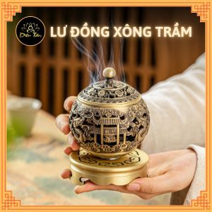 Lư xông trầm hương Lư đồng khắc ngũ long chầu nguyệt lư có đế xoay lư đốt trầm tặng trụ và lót chống cháy đồ thờ cúng phong thủy Diệu Tâm 9.9*12.5cm