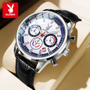 PLAYBOY นาฬิกา ผู้ชาย 100% แท้ แฟชั่น สไตล์เกาหลี สายหนัง โครโนกราฟนาฬิกา ส่องสว่าง นาฬิกาข้อมือผู้ชาย