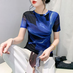 AMMIN เสื้อยืดคอกลมสำหรับผู้หญิงเสื้อเบลาส์สง่างามแบบลำลองขนาดใหญ่พิเศษคอกลมแขนสั้นพิมพ์ลายย้อมสีตำแหน่งแฟชั่นเรียบง่ายฤดูร้อน2024