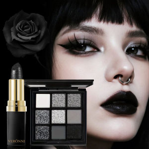 2pcs/Set Dark Style Makeup SetDiamond Black Lipstick with Long-lasting Waterproof Black Smoky Eyeshadow PaletteGothic Style