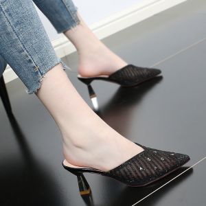 Womens High-Heeled Shoes 2inches with Closed Toe Half Slippers 2023 New Pointed Toe Stiletto Heel Slippers Sandals㏇X0415