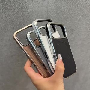 Luxury Leather Magnetic Phone Case for iPhone 17 16 18 Pro Max Plating Frame Original Business Magnets Charging Shockproof Cover2026